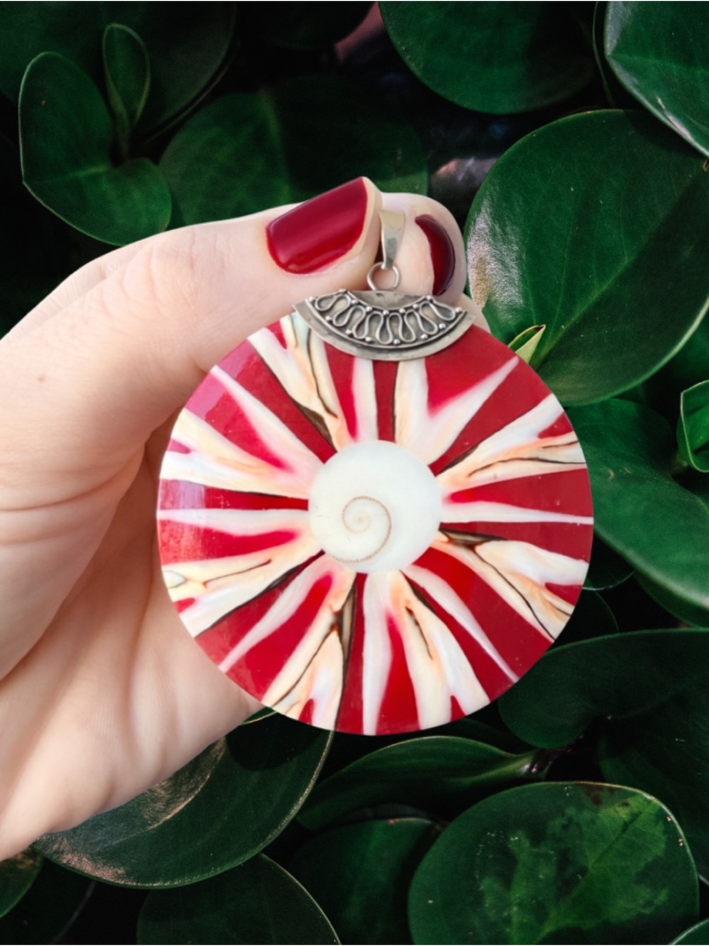 Sterling Silver Red Beach Shell Pendant | Hand-Painted Natural Shell | Boho New